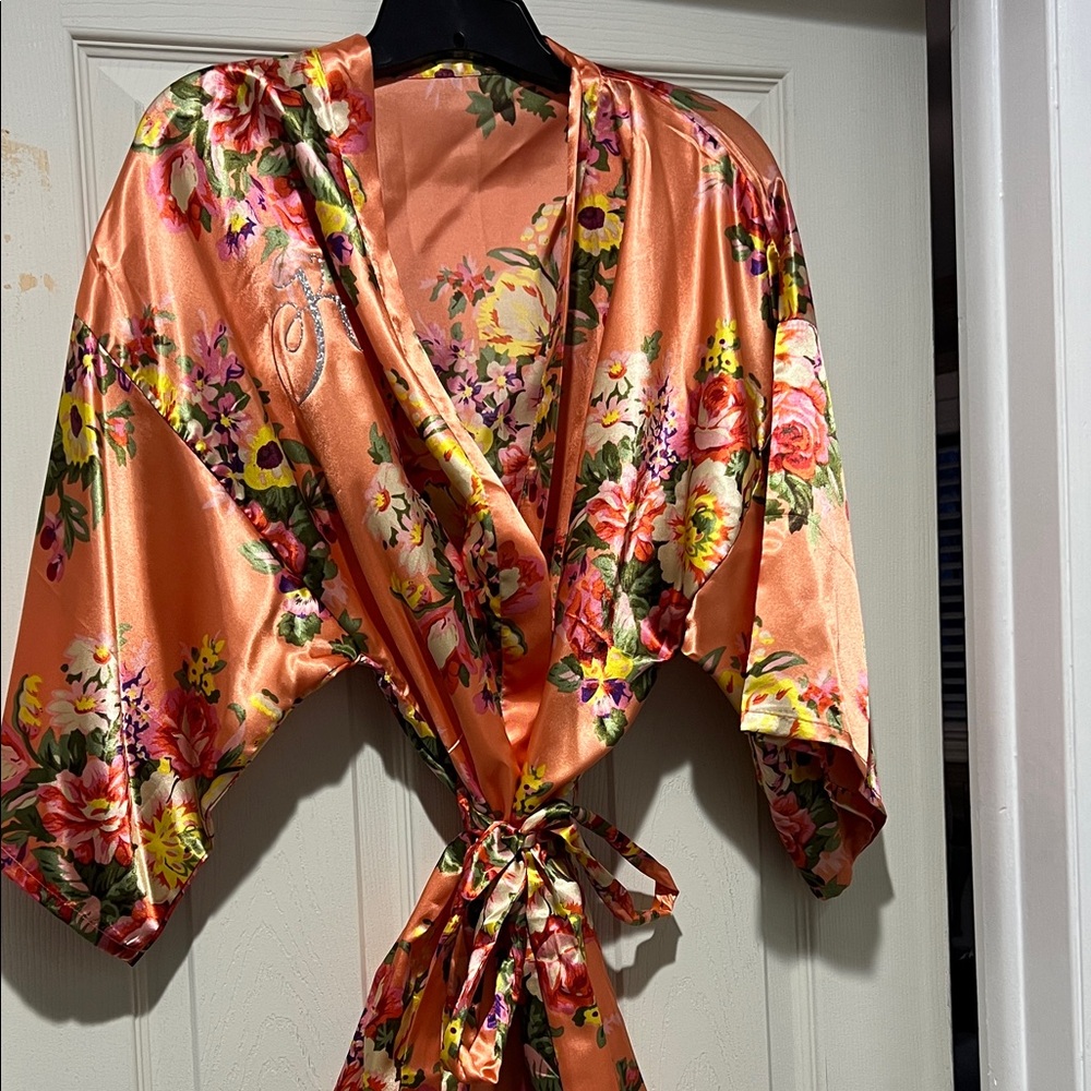 Floral Satin Kimono Robe with rhinestone “K”
